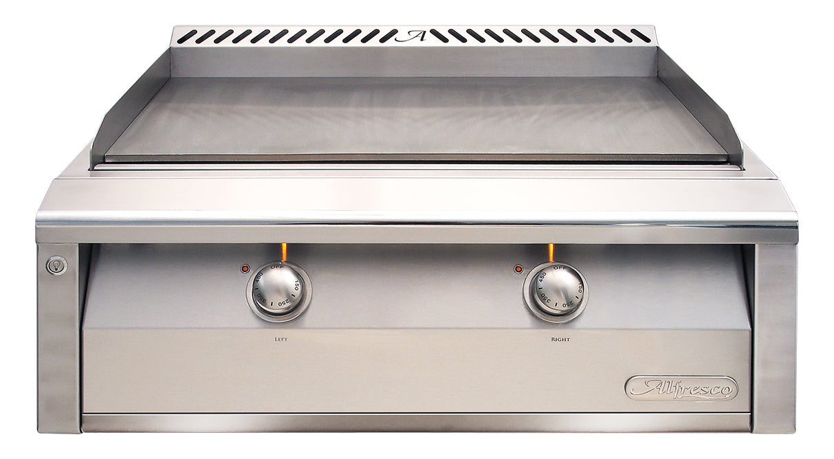 Alfresco 30-inch dual-zone gas griddle head (AXE-30GT built-in, AXE-30GTC cart), front view showing the solid steel griddle plate, rear exhaust vent and two illuminated control knobs
