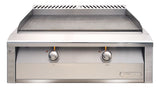 Alfresco 30-inch dual-zone gas griddle head (AXE-30GT built-in, AXE-30GTC cart), front view showing the solid steel griddle plate, rear exhaust vent and two illuminated control knobs