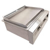 Overhead angled view of the Alfresco 30-inch dual-zone griddle's 3/8-inch solid steel cooking surface with rear grease channel and exhaust vent