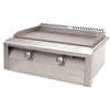 Alfresco 30-inch dual-zone gas griddle head (AXE-30GT / AXE-30GTC) at an angle, showing the 304 stainless steel body, welded seams and two burner control knobs