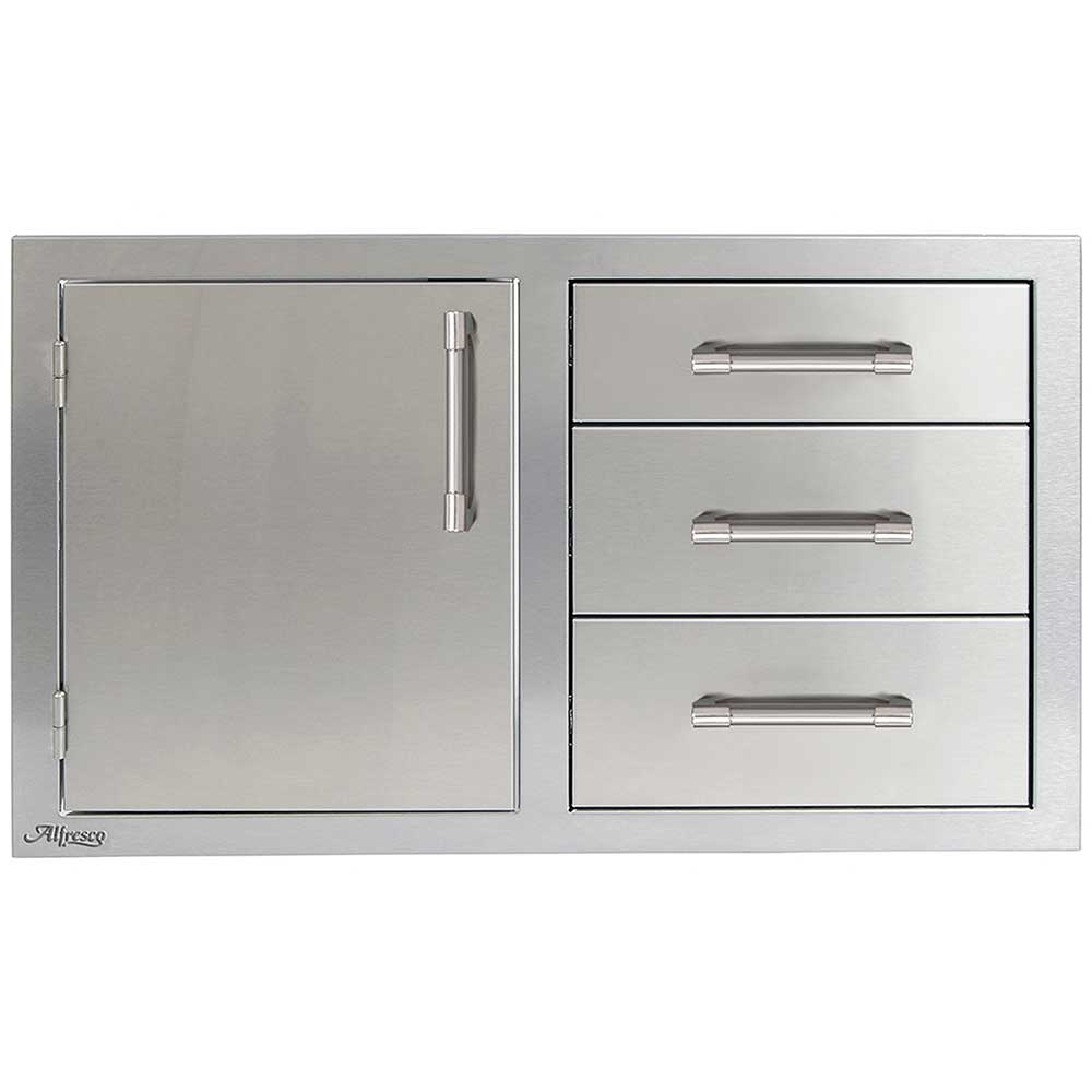Alfresco 32" Combo Door with Triple Drawers, featuring 304 stainless steel construction, German engineered soft-close hardware, and versatile storage for outdoor kitchens.