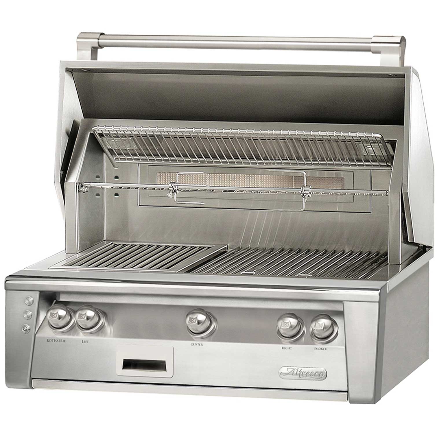 Alfresco ALXE 36-inch 3-burner built-in natural gas grill with the hood open showing the rotisserie, sear zone and warming rack, on white background