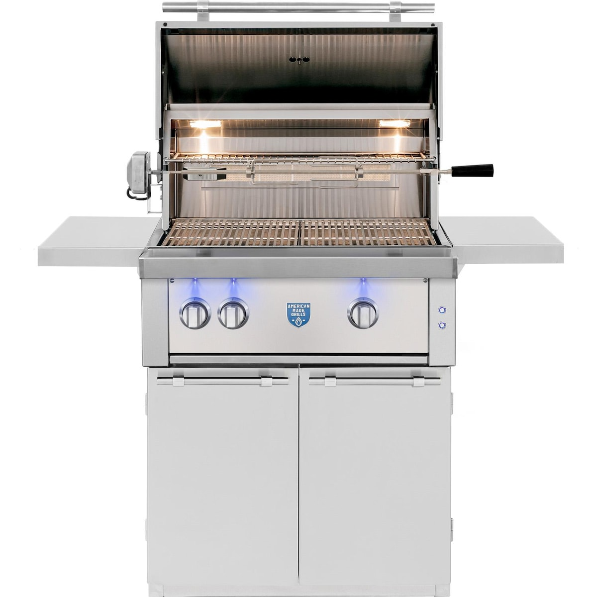 American Made Grills Estate 30-inch freestanding gas cart grill — hood open showing the rotisserie and cooking grates