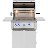 American Made Grills Estate 30-inch freestanding gas cart grill — hood open showing the rotisserie and cooking grates