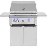 American Made Grills Estate 30-inch freestanding gas cart grill — hood closed with blue-lit control knobs