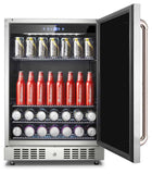 Artisan stainless steel outdoor refrigerator with the glass door open showing shelves stocked with beverages, on white background