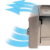 Diagram of blue airflow arrows around a stainless steel grill illustrating the air-cooling feature, on white background