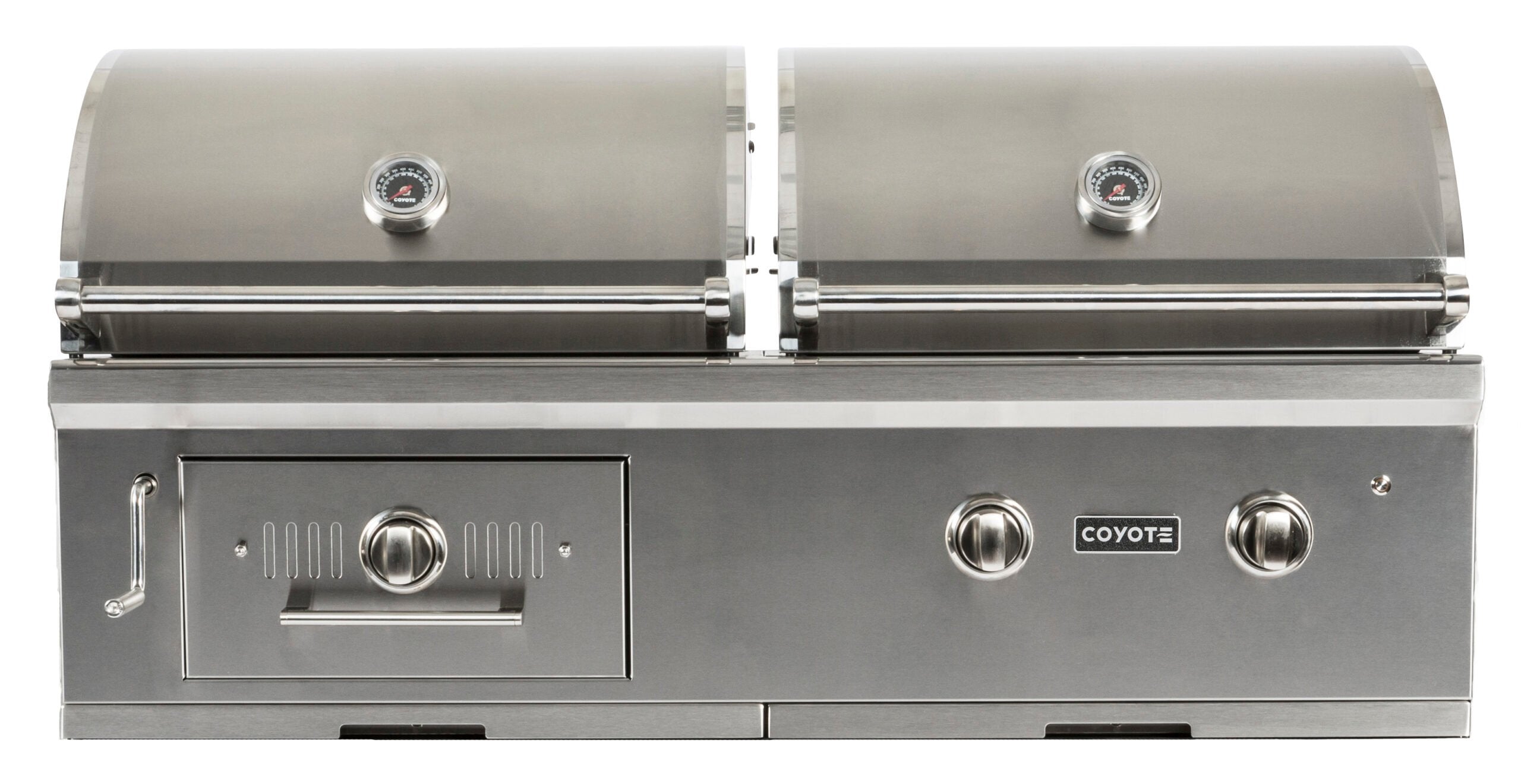 A stainless steel Coyote 50-inch built-in hybrid grill with two domed barrel hoods, each with a round temperature gauge, two round control knobs and the Coyote logo on the front panel, plus a side access door, shown front-on against a white background