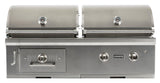 A stainless steel Coyote 50-inch built-in hybrid grill with two domed barrel hoods, each with a round temperature gauge, two round control knobs and the Coyote logo on the front panel, plus a side access door, shown front-on against a white background