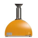 A small thumbnail of a Coyote outdoor pizza oven with a yellow domed body and a stainless steel chimney, shown from the rear against a white background