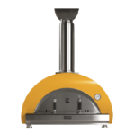 A small thumbnail of a large Coyote outdoor pizza oven with a yellow wide domed body and a stainless steel chimney, an arched front cooking opening and the Coyote logo on the front base, shown front-on against a white background