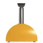 A small thumbnail of a large Coyote outdoor pizza oven with a yellow wide domed body and a stainless steel chimney, shown from the rear against a white background