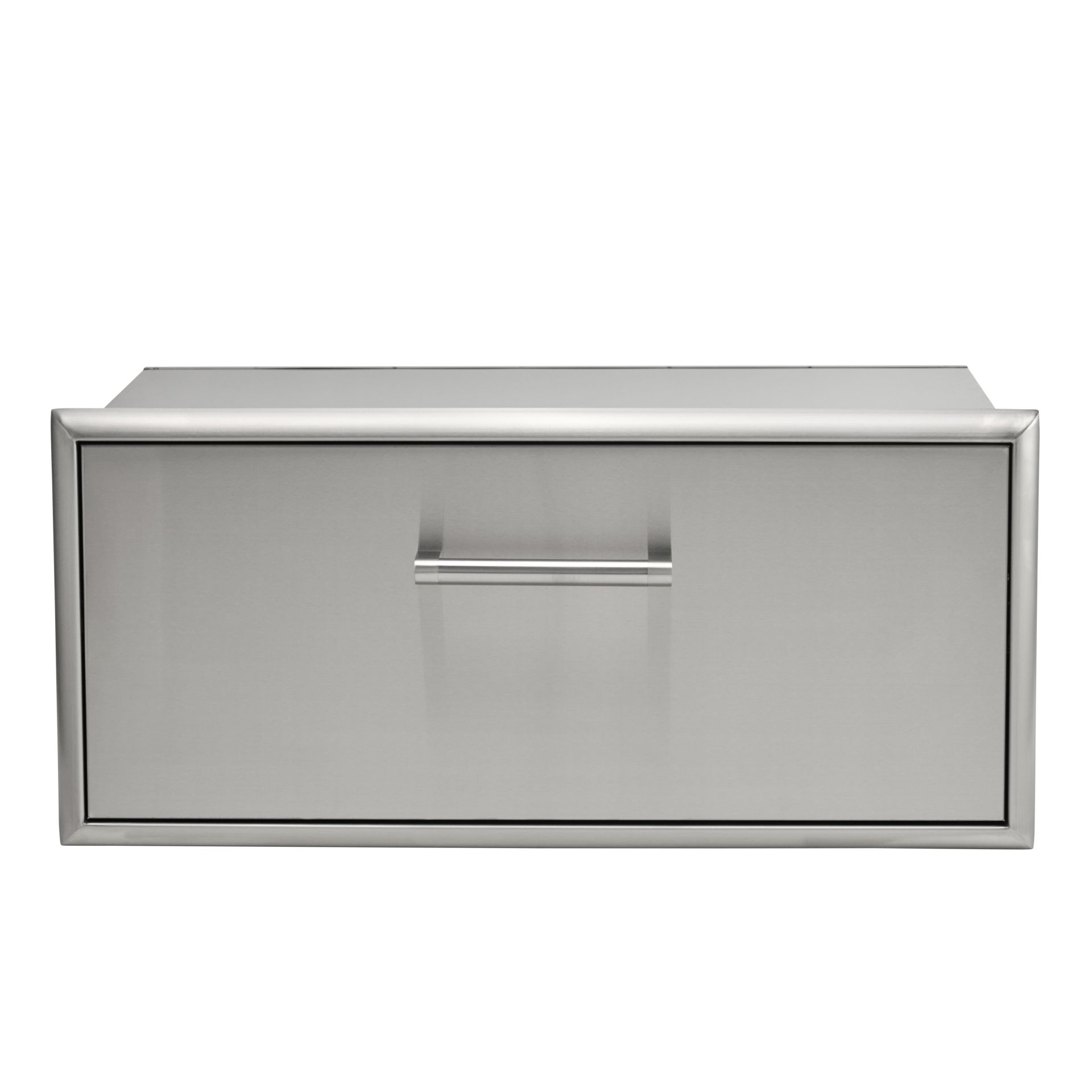 A stainless steel single horizontal outdoor kitchen storage drawer with a recessed center bar handle and a beveled outer frame, shown front-on against a white background
