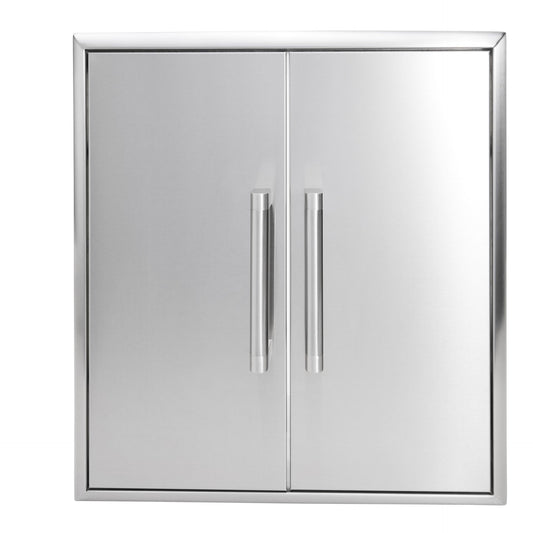 A stainless steel double-door outdoor kitchen access cabinet with two vertical tubular bar handles meeting at the center and a beveled outer frame, shown front-on against a white background