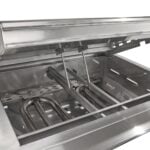 A close-up detail thumbnail showing the stainless steel interior components of a built-in gas grill, including burner and grate hardware