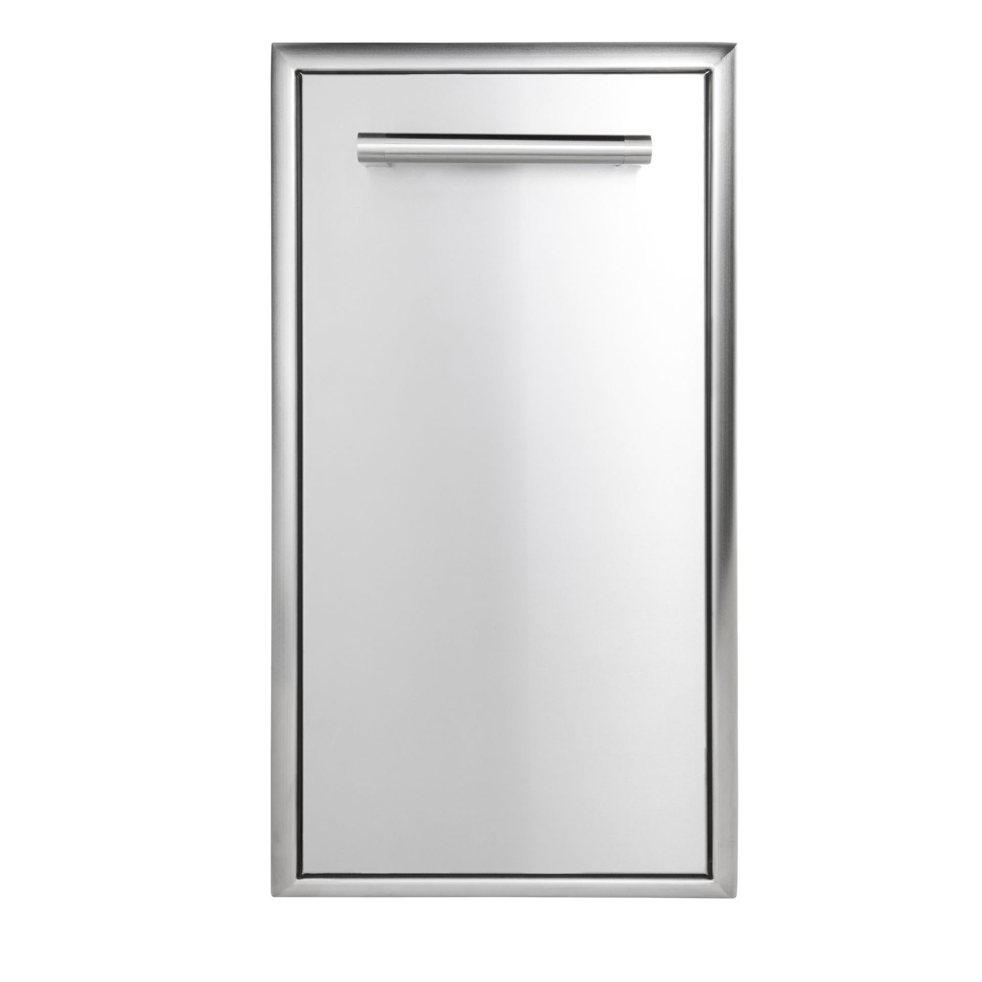 A stainless steel single vertical outdoor kitchen access door with a horizontal tubular bar handle near the top and a beveled outer frame, shown front-on against a white background