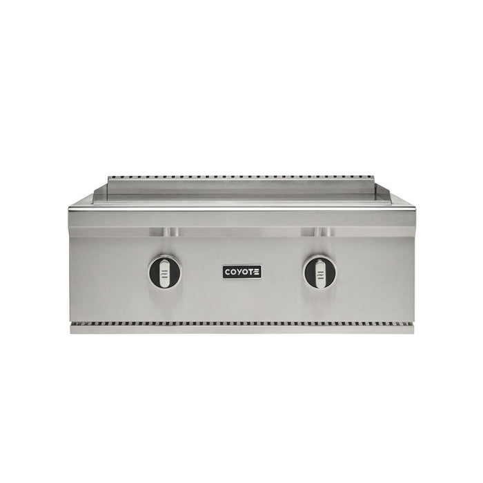 A stainless steel Coyote 30-inch built-in flat top gas griddle with the hood removed, showing the flat griddle cooking surface from the front, two round control knobs and the Coyote logo on the front panel, against a white background