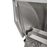 A close-up feature thumbnail of a partially raised stainless steel grill hood, illustrating the spring-assist lid mechanism that helps open and hold the lid