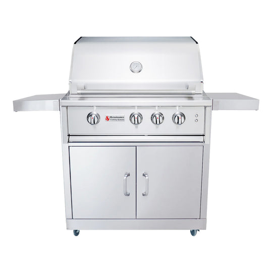 Renaissance Cooking Systems stainless steel freestanding gas grill on a cart with open lid, side shelves, and lower storage cabinet