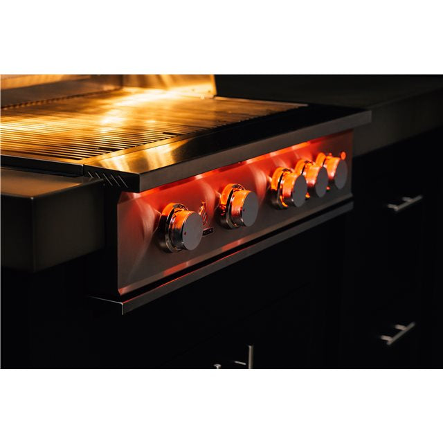 Stylish True Flame 3 Burner Gas Grill with exterior lighting and heat zone separators, ideal for outdoor cooking.