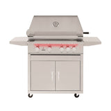 Close-up view of True Flame 32” 4 Burner grill knobs with illuminated indicators.