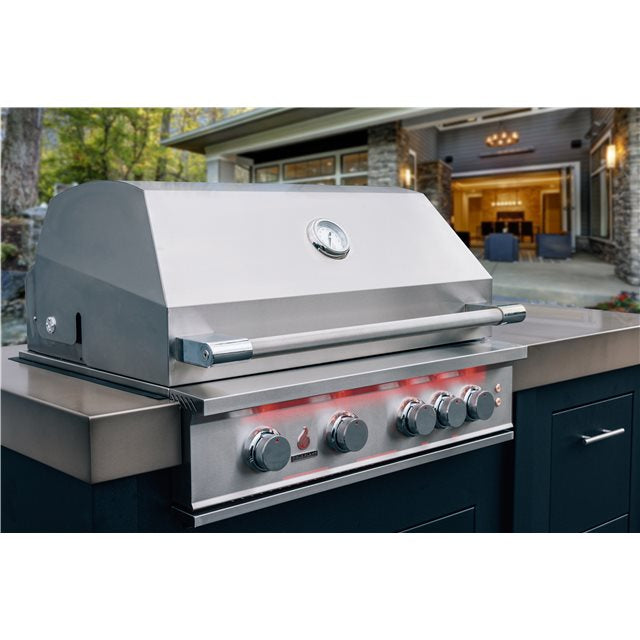 Interior view of True Flame 32” 4 Burner grill showcasing halogen lighting and spacious cooking grates.