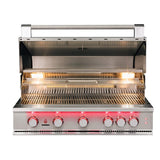 Inside view of the TrueFlame Grill 40” 5 Burner Grill with illuminated knobs and stainless steel cooking grates by True Flame.