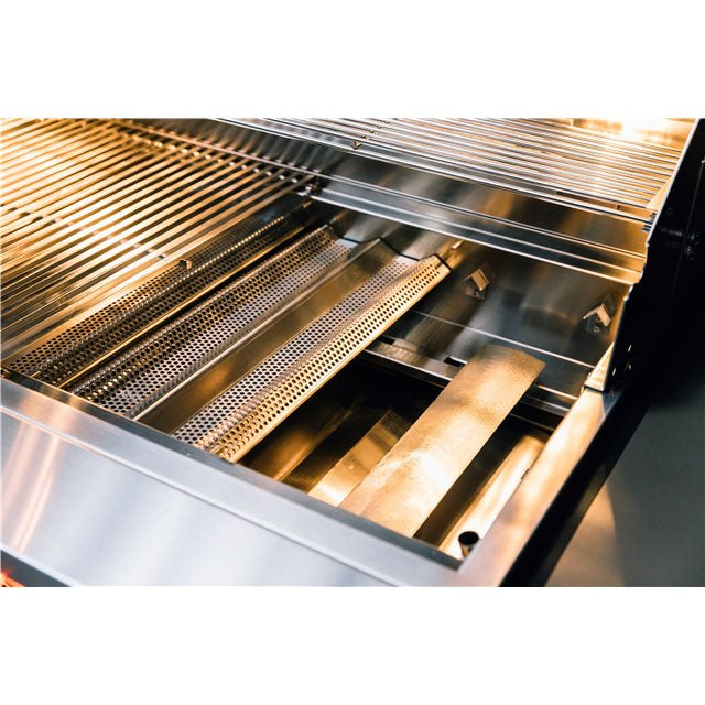 TrueFlame Grill 40” 5 Burner Grill featuring halogen interior lights and square stainless steel cooking grates.