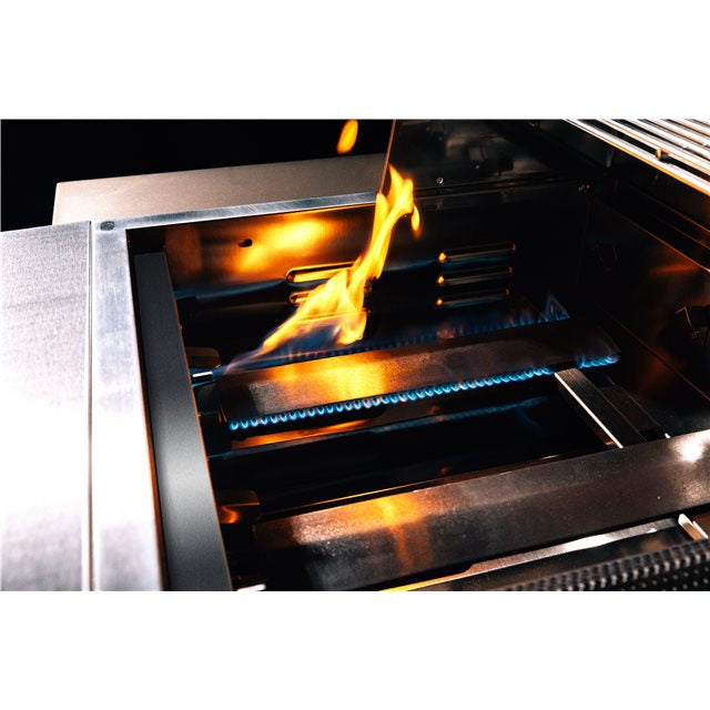 TrueFlame Grill 40” 5 Burner Grill demonstrating balanced hood hinge and removable warming rack.