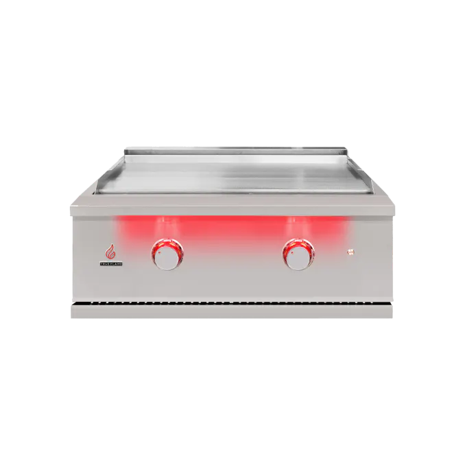 TrueFlame Griddle Built-in showcasing its sleek 304 stainless steel construction and expansive cooking surface, perfect for outdoor kitchen enthusiasts.