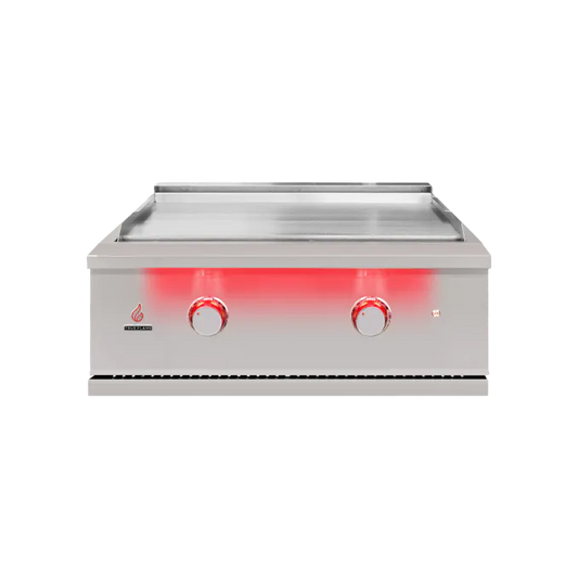 TrueFlame Griddle Built-in showcasing its sleek 304 stainless steel construction and expansive cooking surface, perfect for outdoor kitchen enthusiasts.