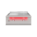 TrueFlame Griddle Built-in showcasing its sleek 304 stainless steel construction and expansive cooking surface, perfect for outdoor kitchen enthusiasts.