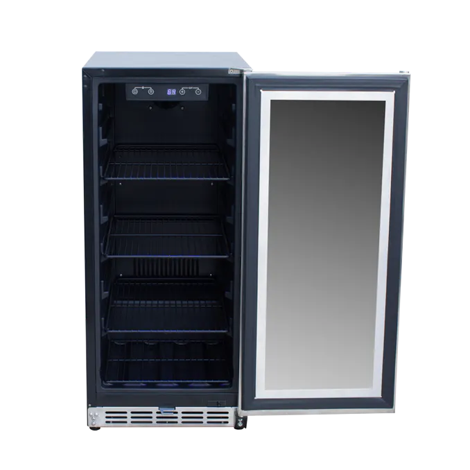 Close-up of the 15” 3.2C Outdoor Fridge with Glass Door features by True Flame, highlighting the UV protection and sleek look.