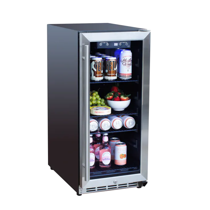 Temperature control features of True Flame's 15” 3.2C Outdoor Fridge with Glass Door, ideal for outdoor beverage storage.