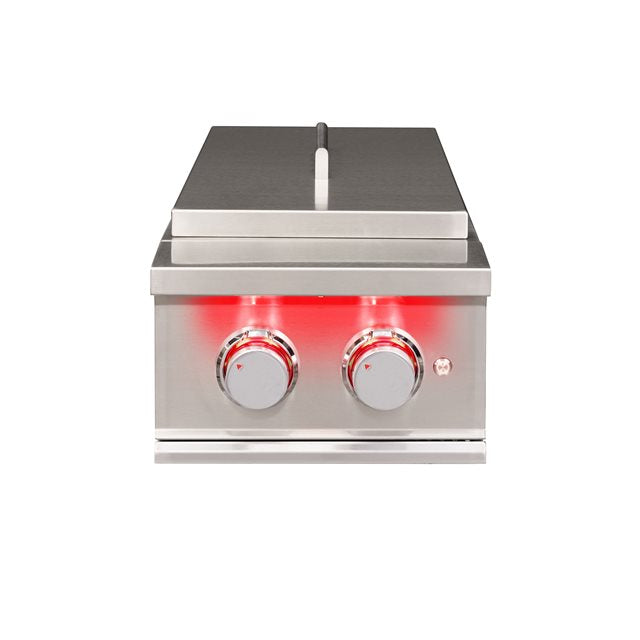 TrueFlame Double Side Burner with stainless steel construction and LED lights, perfect for outdoor cooking.