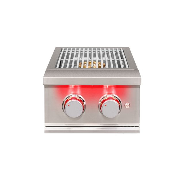 Close-up of TrueFlame Double Side Burner showcasing brass-plated burners designed for high performance.