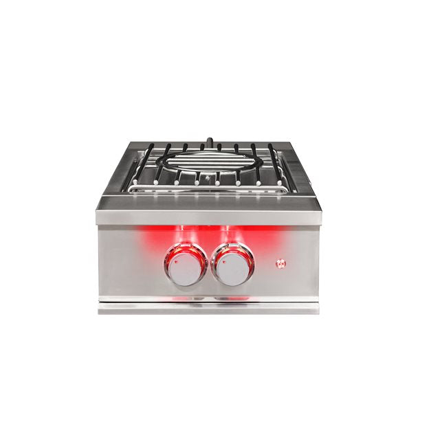 TrueFlame Power Burner by True Flame showcasing its stainless steel design and LED-illuminated controls.