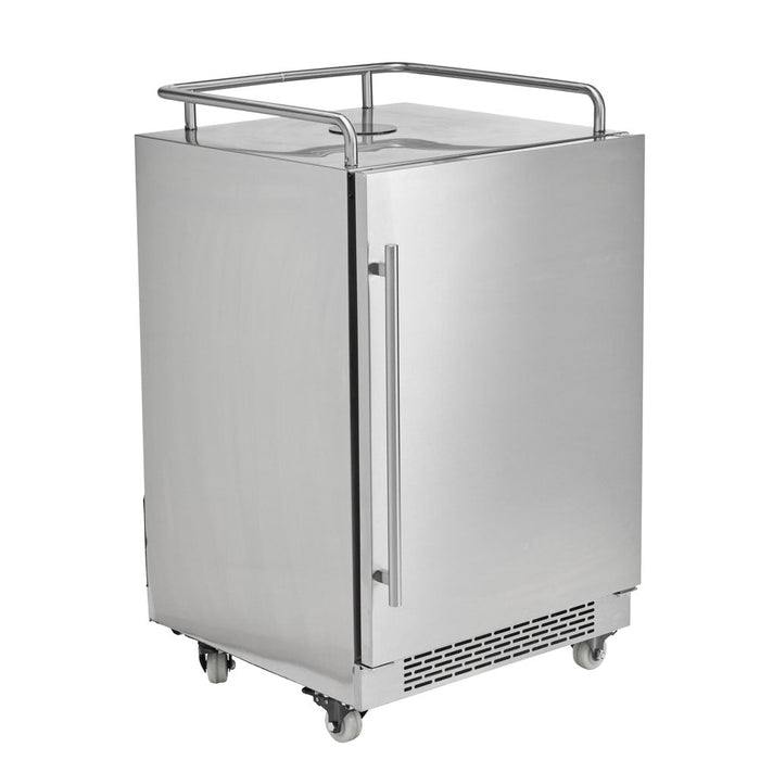 A freestanding stainless steel outdoor kegerator on caster wheels, with a single door, a vertical tubular bar handle, a top guardrail, and a front vent grille, shown at a three-quarter angle against a white background