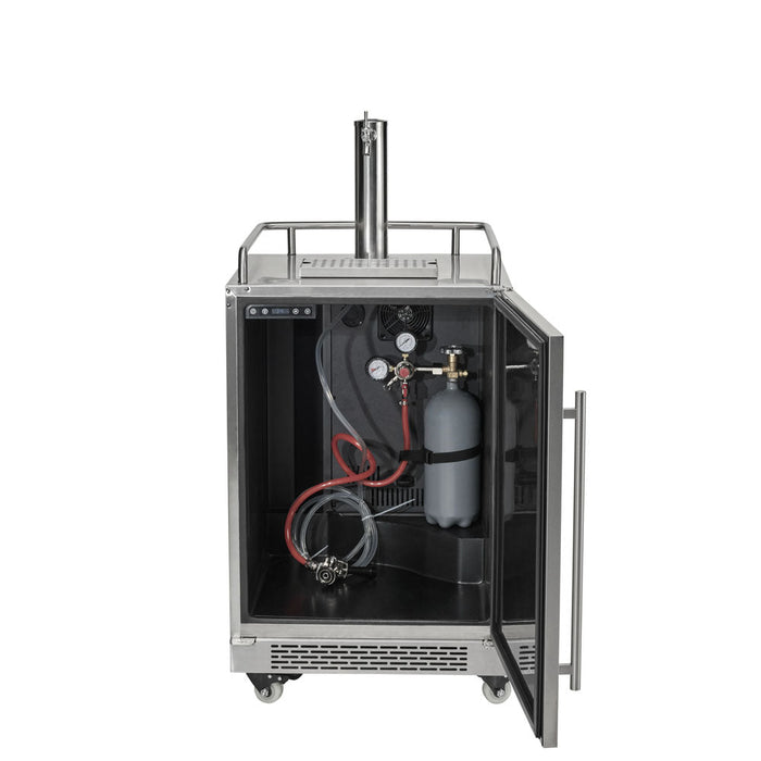 A freestanding stainless steel outdoor kegerator shown with its door open, revealing the interior set up for keg use with a CO2 tank, a regulator gauge, and beverage lines connected to the draft tower, against a white background