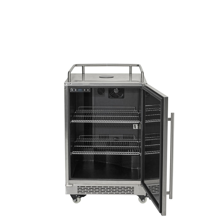 A freestanding stainless steel outdoor kegerator shown with its door open, configured as a beverage cooler with removable wire shelves inside, on caster wheels against a white background
