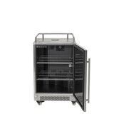 A freestanding stainless steel outdoor kegerator shown with its door open, configured as a beverage cooler with removable wire shelves inside, on caster wheels against a white background