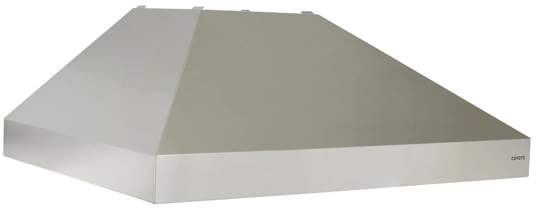 A wide stainless steel Coyote range hood with an angled chimney-style canopy and the Coyote logo on the lower front, shown from a three-quarter angle against a white background