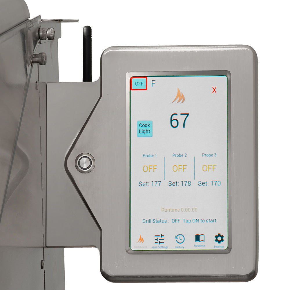 Close-up view of the Memphis Elite 39" Cart ITC3 Pellet Grill's touch screen display with Wi-Fi connectivity.