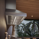 Close-up of Falmec Pyramid 36" Wall Mount Outdoor Hood, 1200 CFM highlighting the user-friendly knob controls and LED lighting.