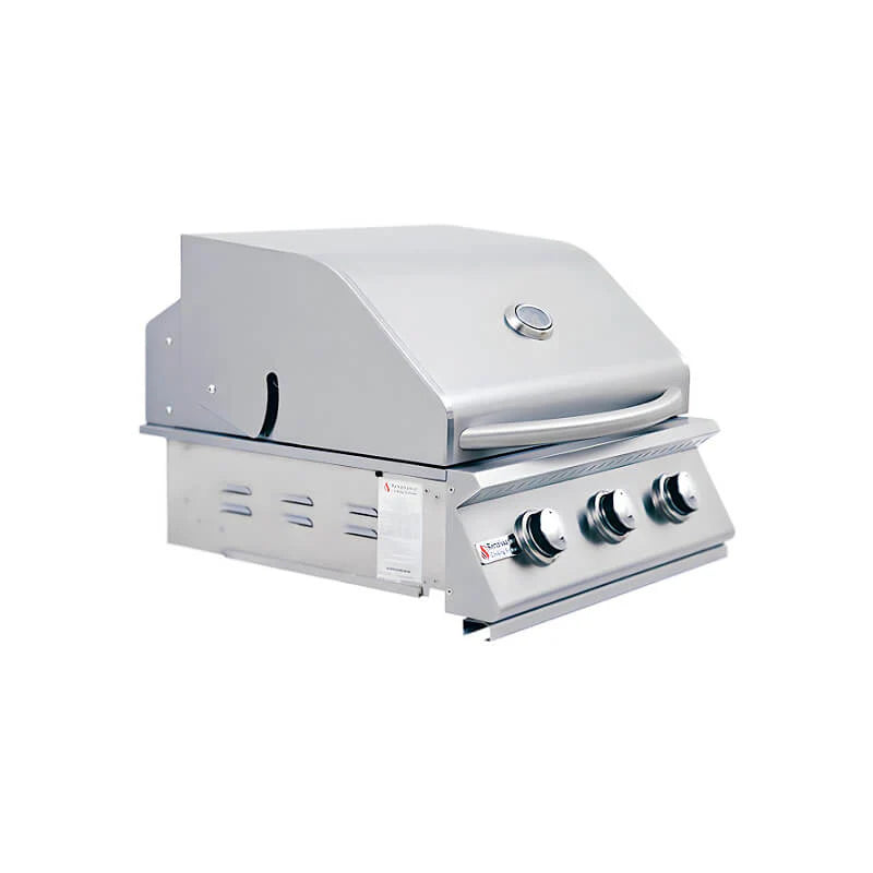 Angled three-quarter view of an RCS Premier 26-inch three-burner built-in stainless steel gas grill with the lid closed, showing the side and front with three control knobs and the Renaissance Cooking Systems logo, on a white background