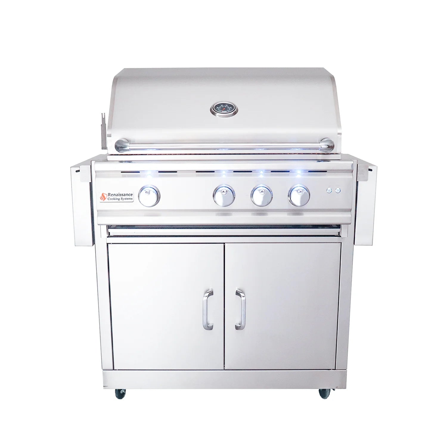 Detailed view of the RCS 30" Cutlass Pro Freestanding Grill Cart with blue LED lights and stainless steel cooking grids.