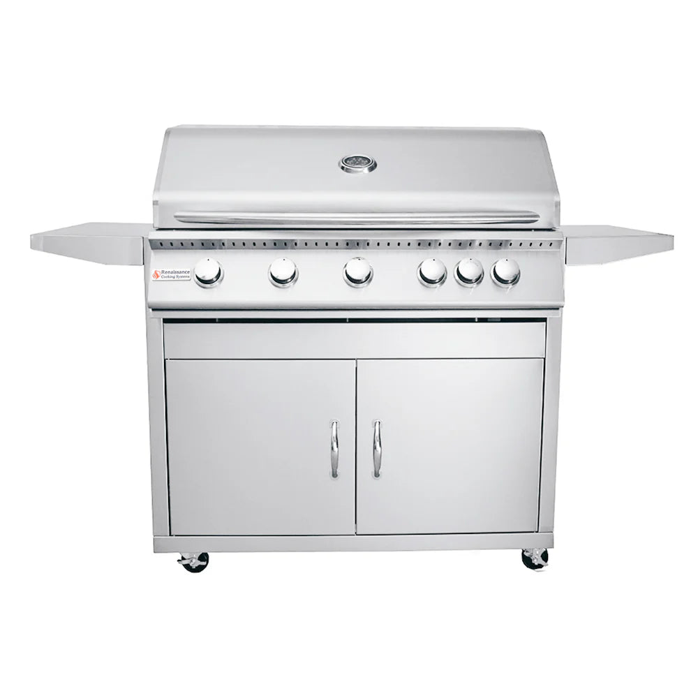 Detail of the slide-out drip tray and control knobs on the 40" RCS Premier Freestanding Grill Cart for easy grilling.