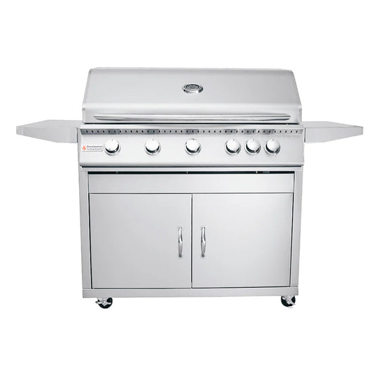 Detail of the slide-out drip tray and control knobs on the 40" RCS Premier Freestanding Grill Cart for easy grilling.