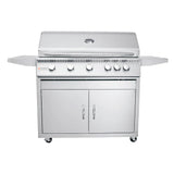 Detail of the slide-out drip tray and control knobs on the 40" RCS Premier Freestanding Grill Cart for easy grilling.