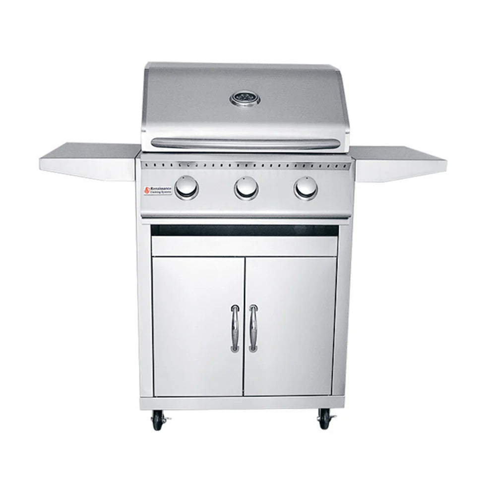 RCS 26" Premier Freestanding Grill Cart showcasing its premium-grade stainless steel construction and stylish design for outdoor grilling enthusiasts.